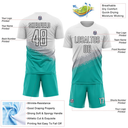 Custom White Gray Aqua-Black Gradient Geometric Shape Sublimation Soccer Uniform Jersey - Sky-Custom
