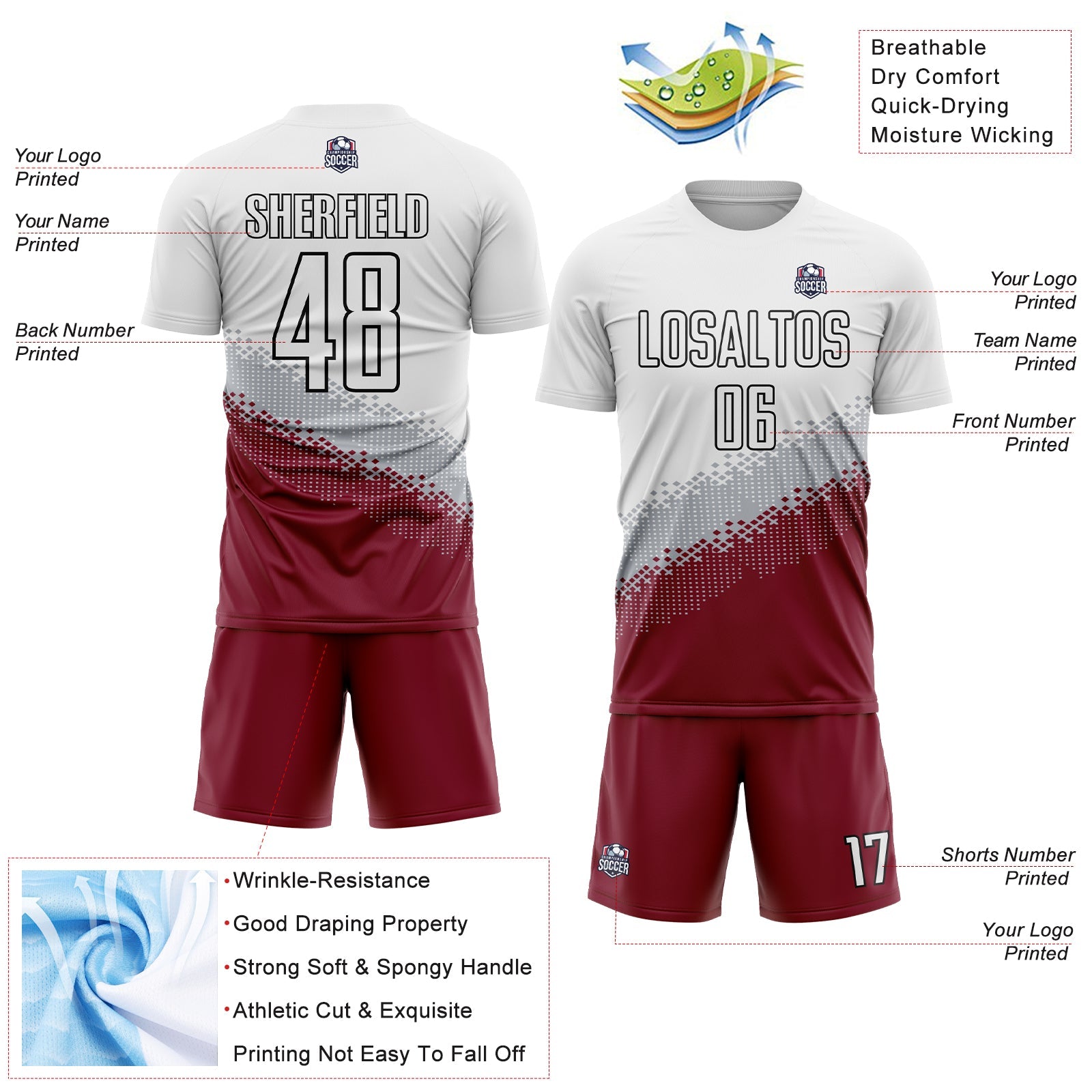 Custom White Gray Crimson-Black Gradient Geometric Shape Sublimation Soccer Uniform Jersey - Sky-Custom