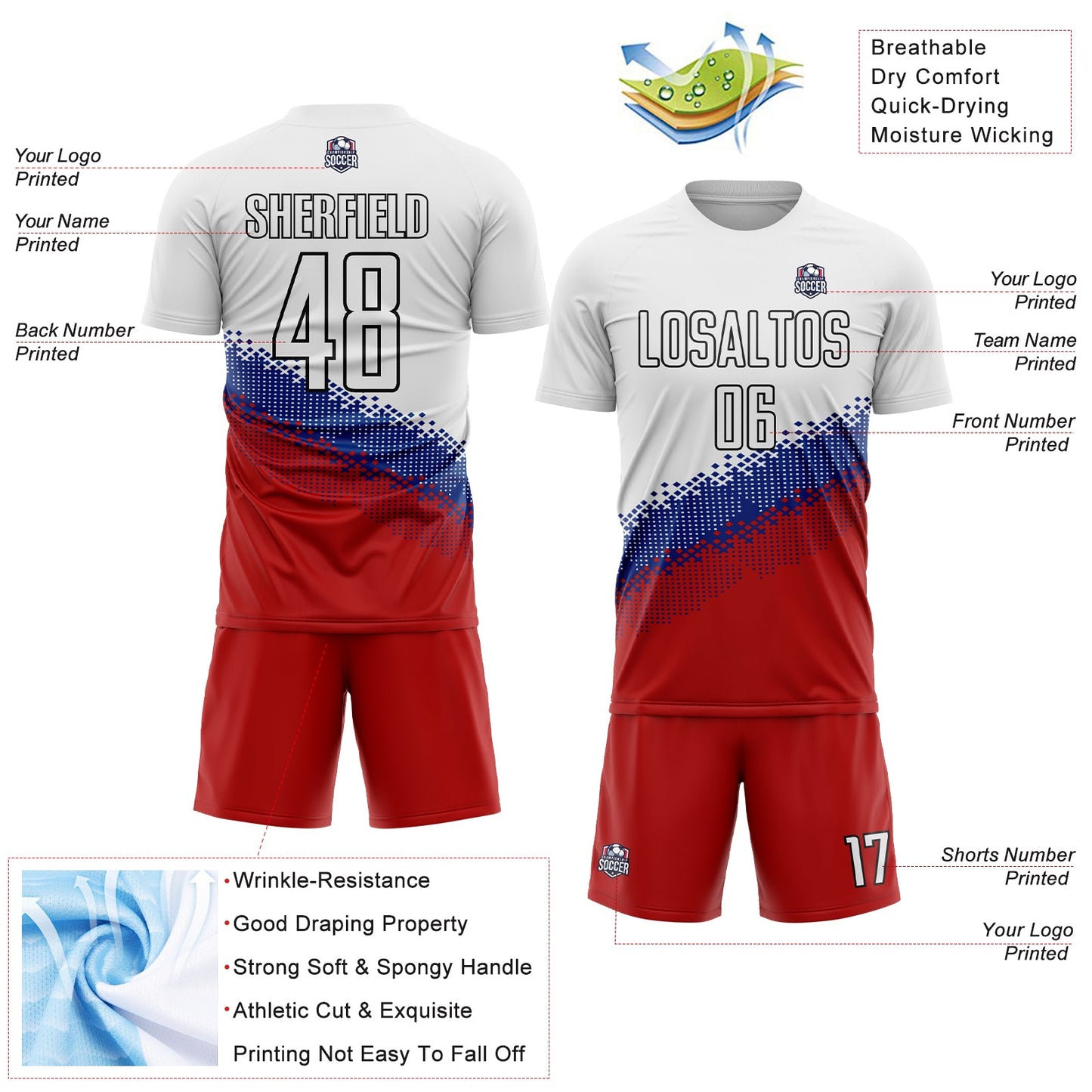 Custom White Royal Red-Black Gradient Geometric Shape Sublimation Soccer Uniform Jersey - Sky-Custom