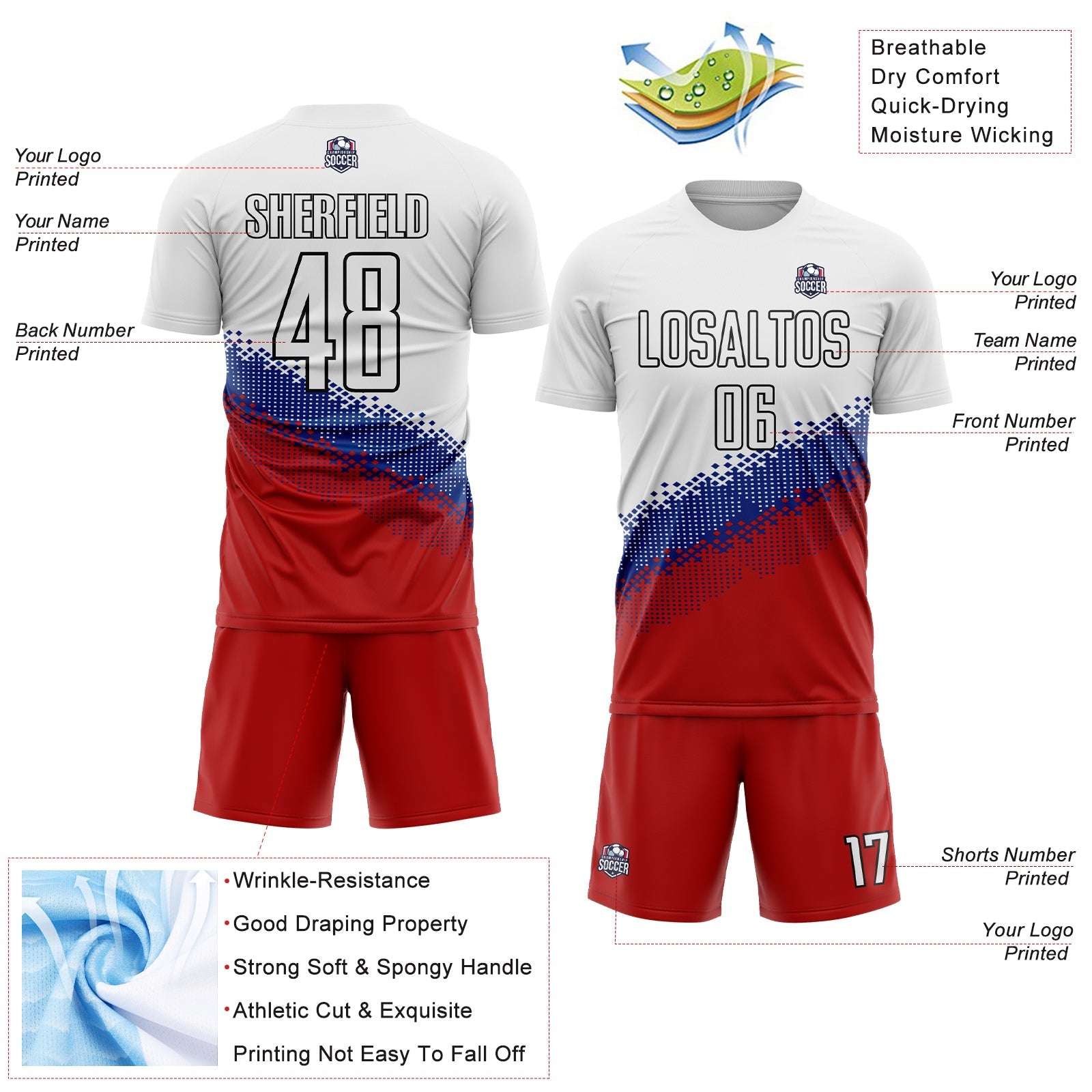 Custom White Royal Red-Black Gradient Geometric Shape Sublimation Soccer Uniform Jersey - Sky-Custom