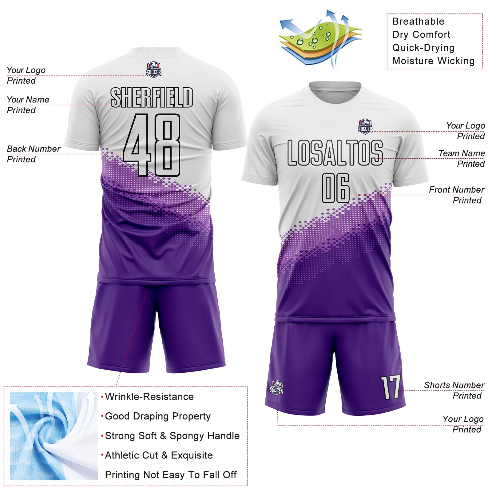 Custom White Medium Purple Purple-Black Gradient Geometric Shape Sublimation Soccer Uniform Jersey - Sky-Custom