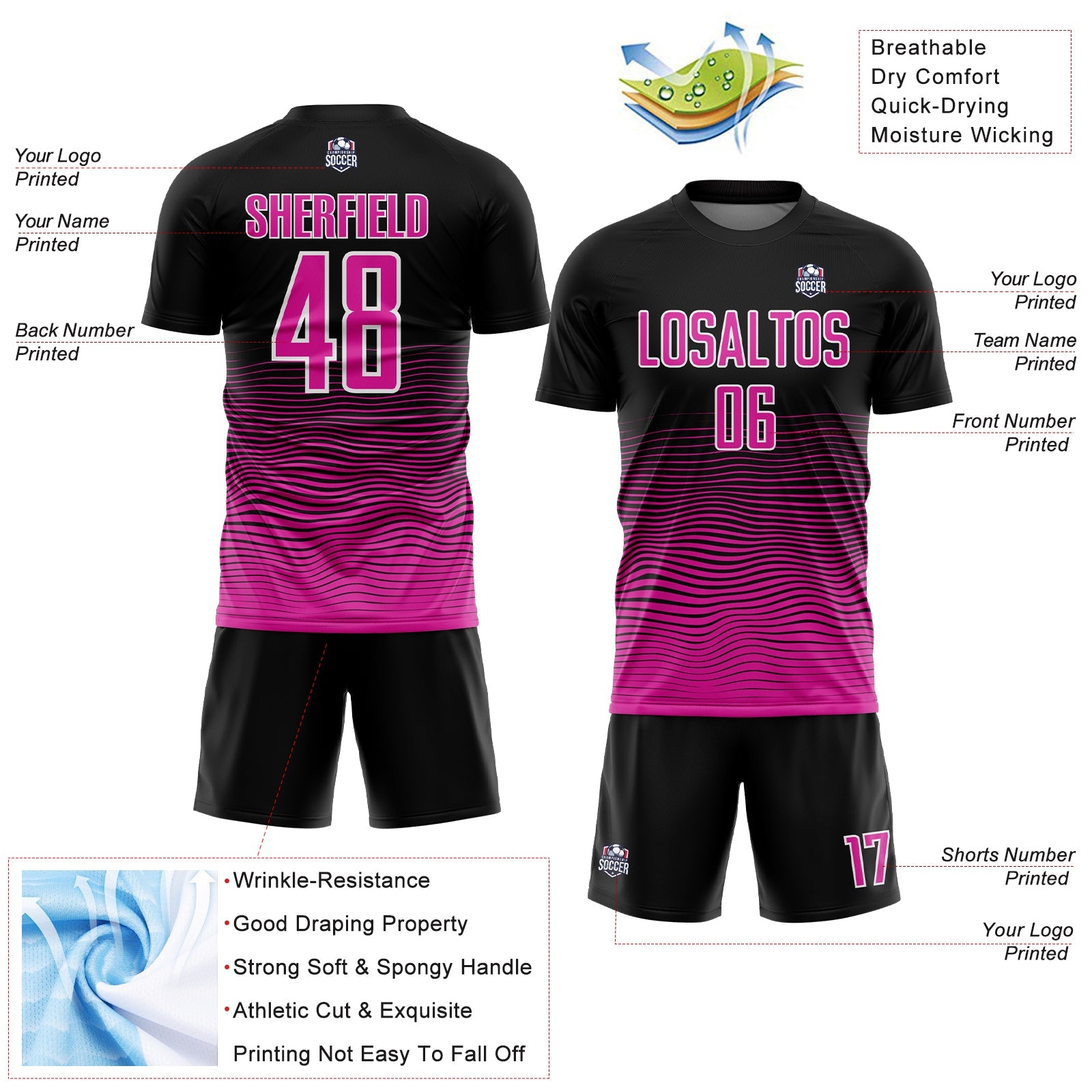 Custom Black Deep Pink-White Gradient Line Sublimation Soccer Uniform Jersey - Sky-Custom