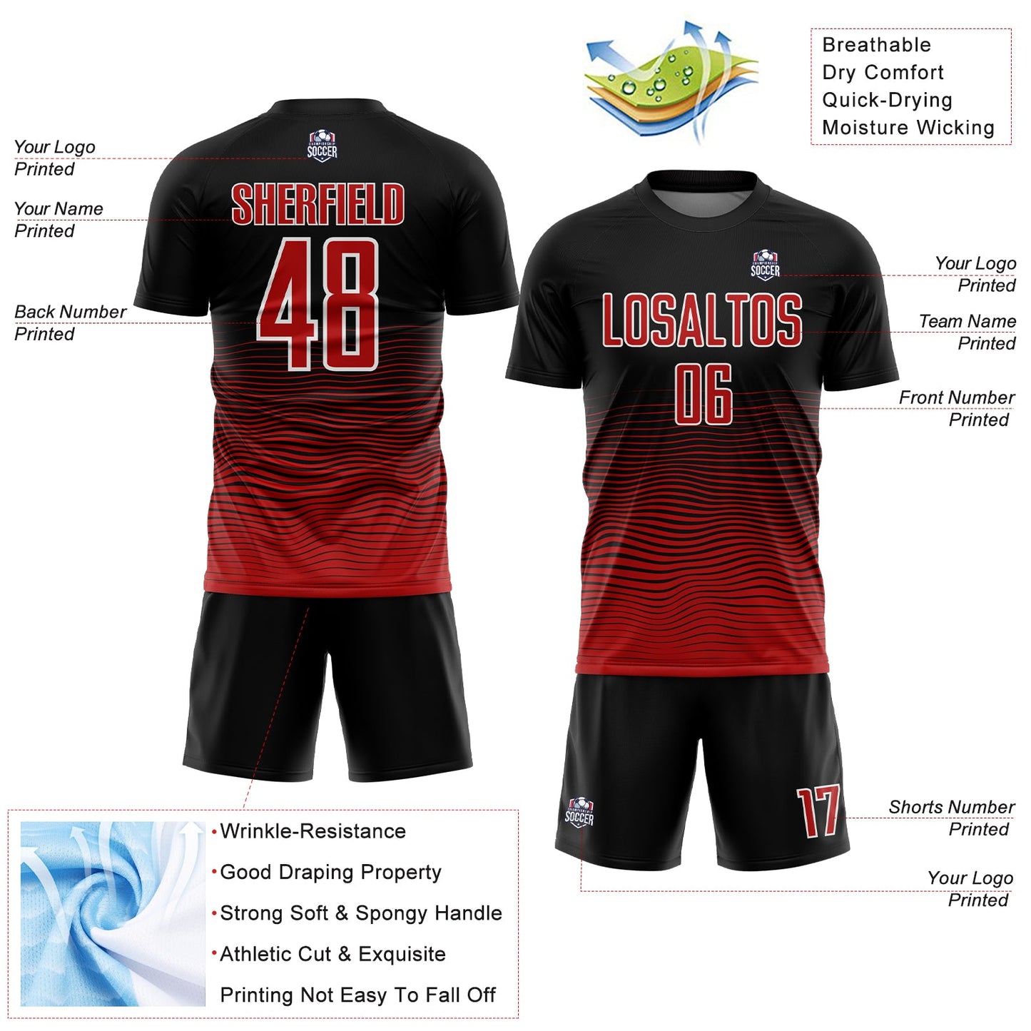Custom Black Red-White Gradient Line Sublimation Soccer Uniform Jersey - Sky-Custom