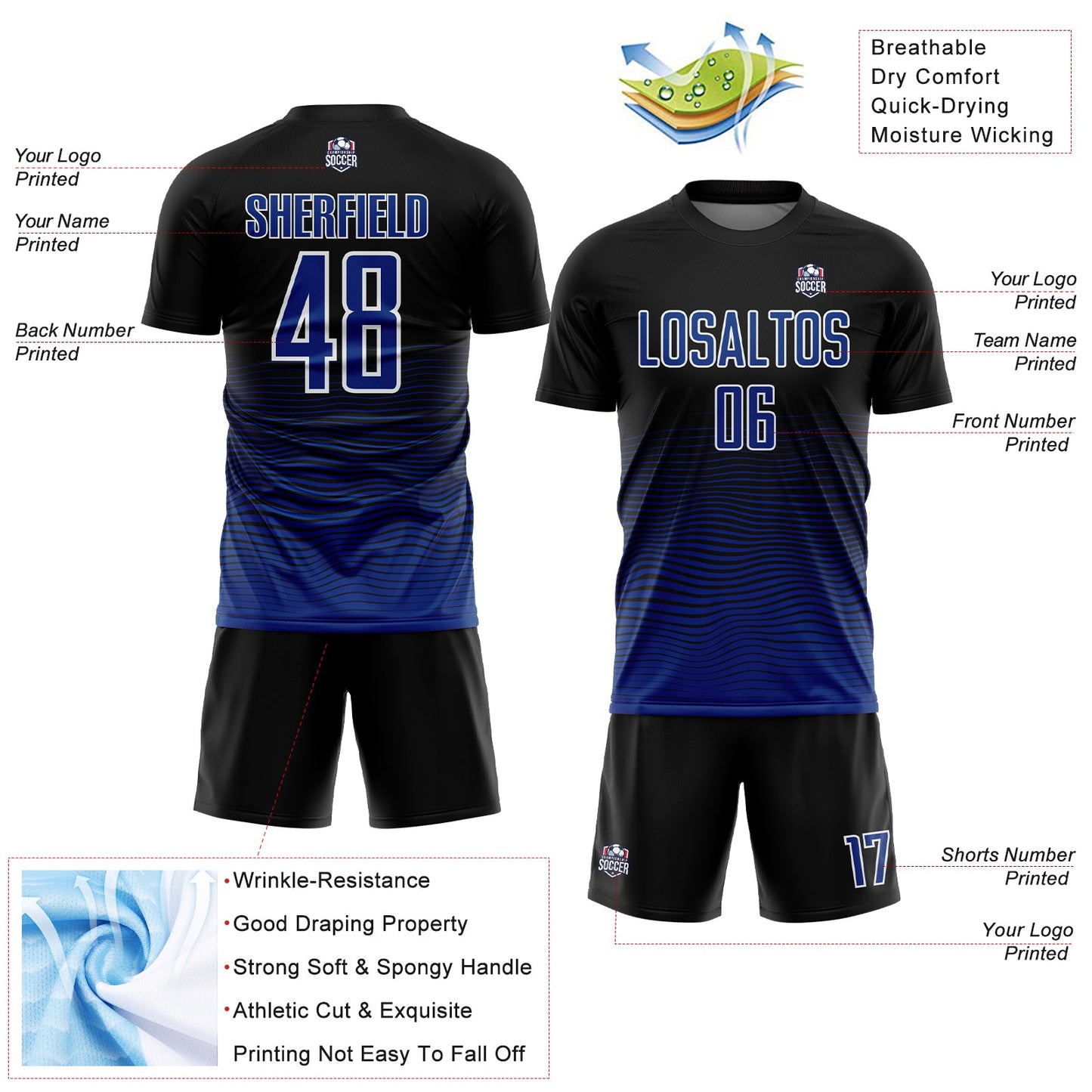 Custom Black Royal-White Gradient Line Sublimation Soccer Uniform Jersey - Sky-Custom