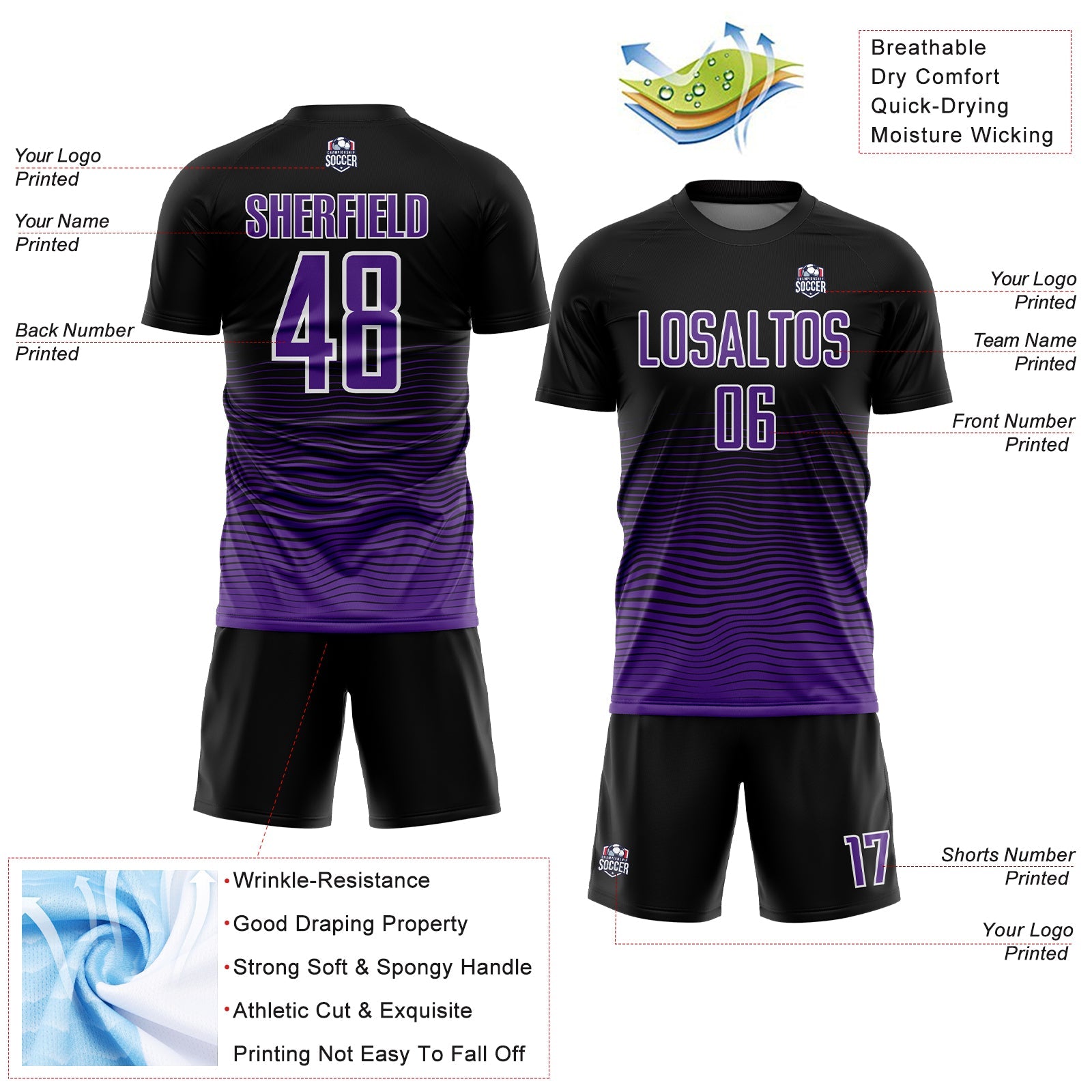 Custom Black Purple-White Gradient Line Sublimation Soccer Uniform Jersey - Sky-Custom