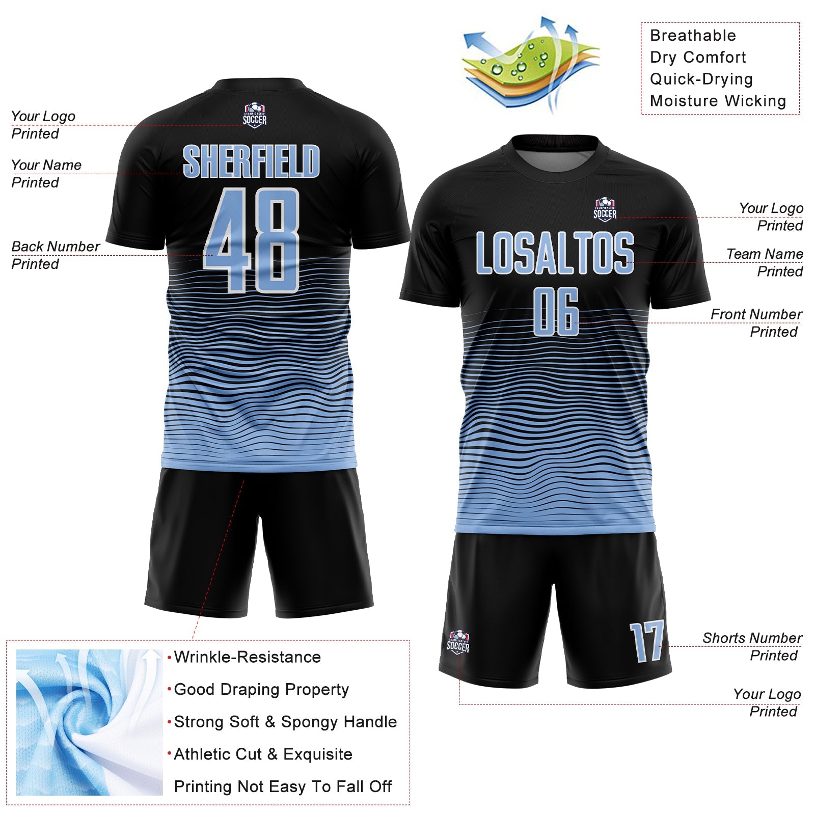 Custom Black Light Blue-White Gradient Line Sublimation Soccer Uniform Jersey - Sky-Custom