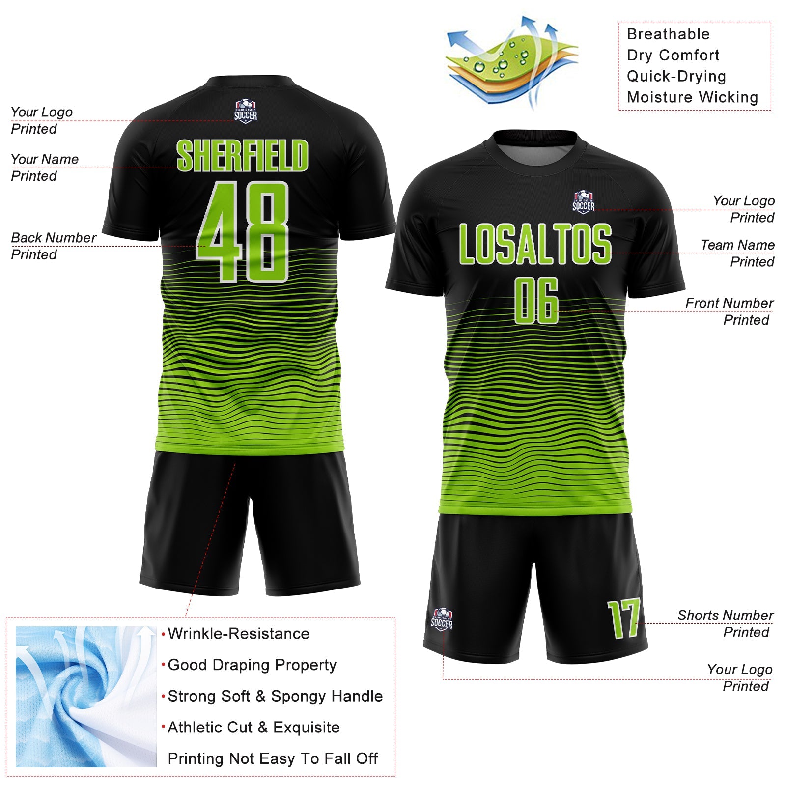Custom Black Neon Green-White Gradient Line Sublimation Soccer Uniform Jersey - Sky-Custom