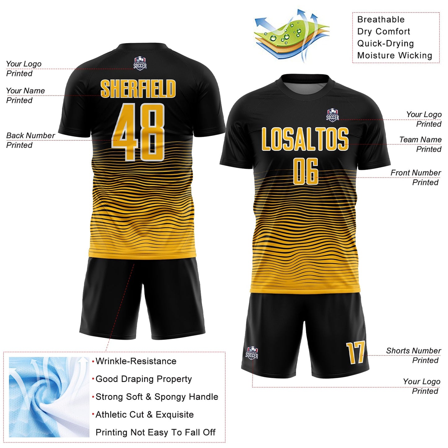 Custom Black Gold-White Gradient Line Sublimation Soccer Uniform Jersey - Sky-Custom