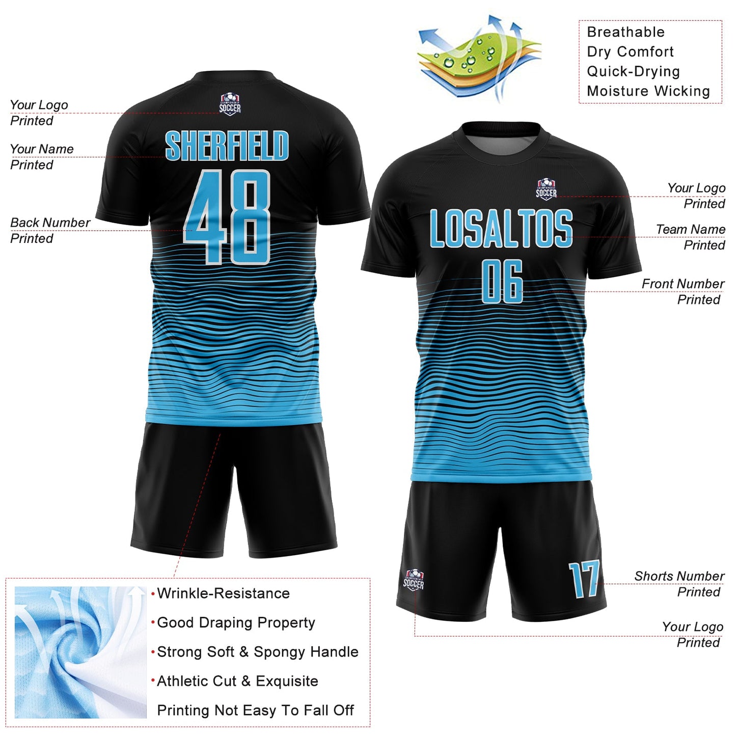 Custom Black Sky Blue-White Gradient Line Sublimation Soccer Uniform Jersey - Sky-Custom