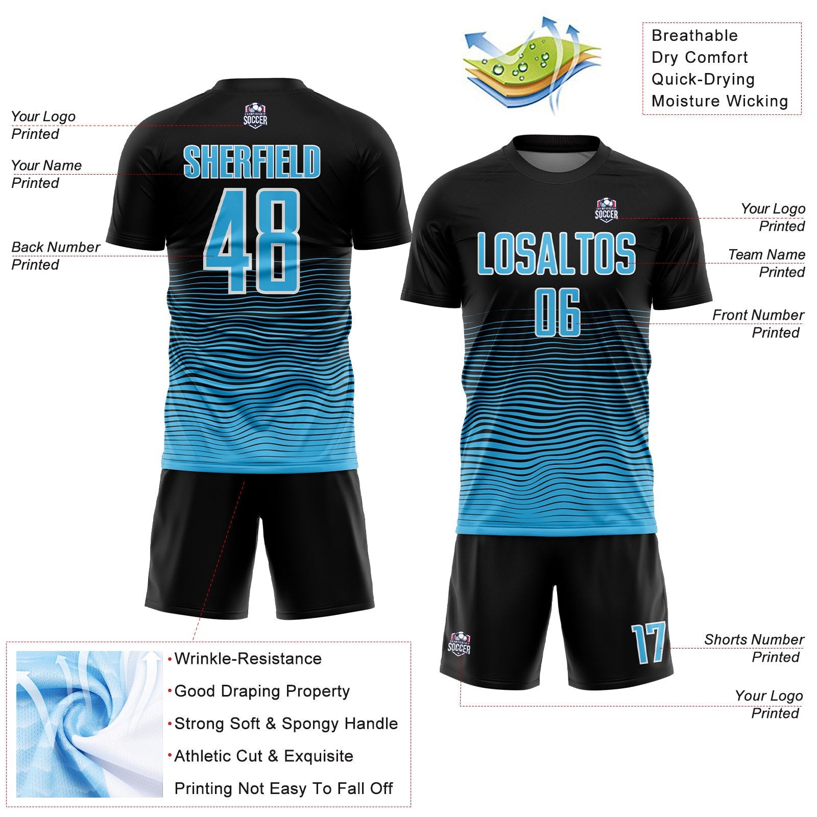 Custom Black Sky Blue-White Gradient Line Sublimation Soccer Uniform Jersey - Sky-Custom