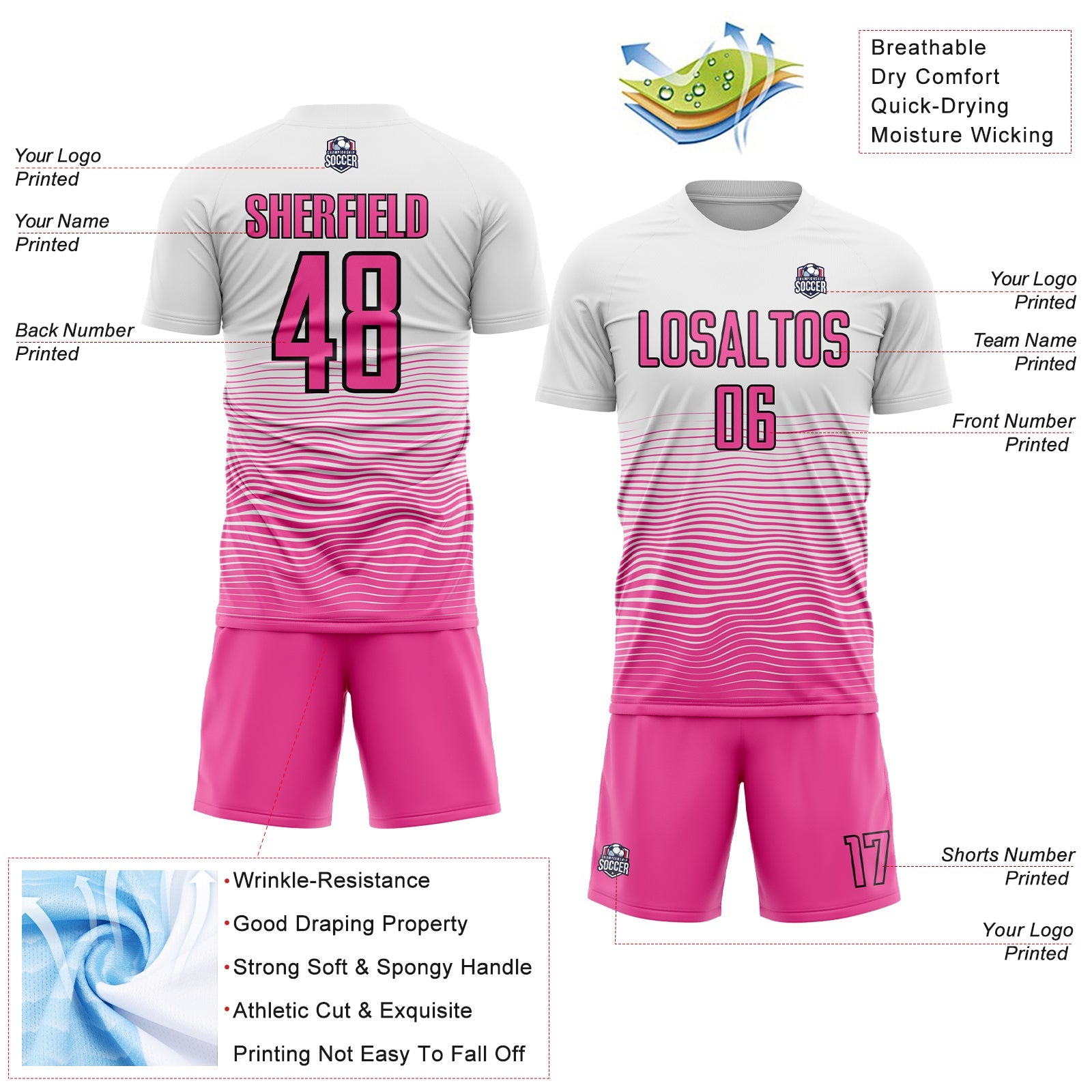 Custom White Pink-Black Gradient Line Sublimation Soccer Uniform Jersey - Sky-Custom