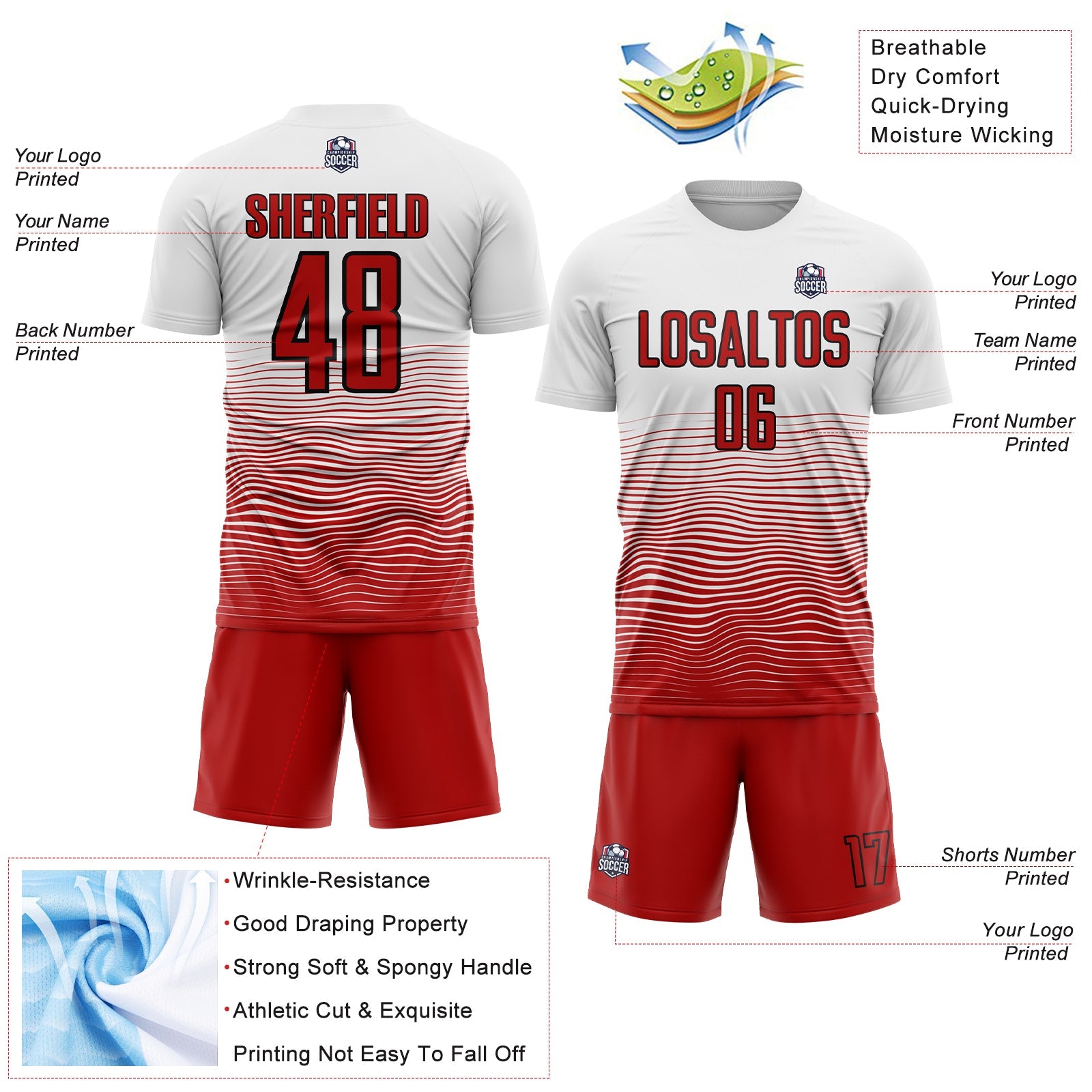 Custom White Red-Black Gradient Line Sublimation Soccer Uniform Jersey - Sky-Custom