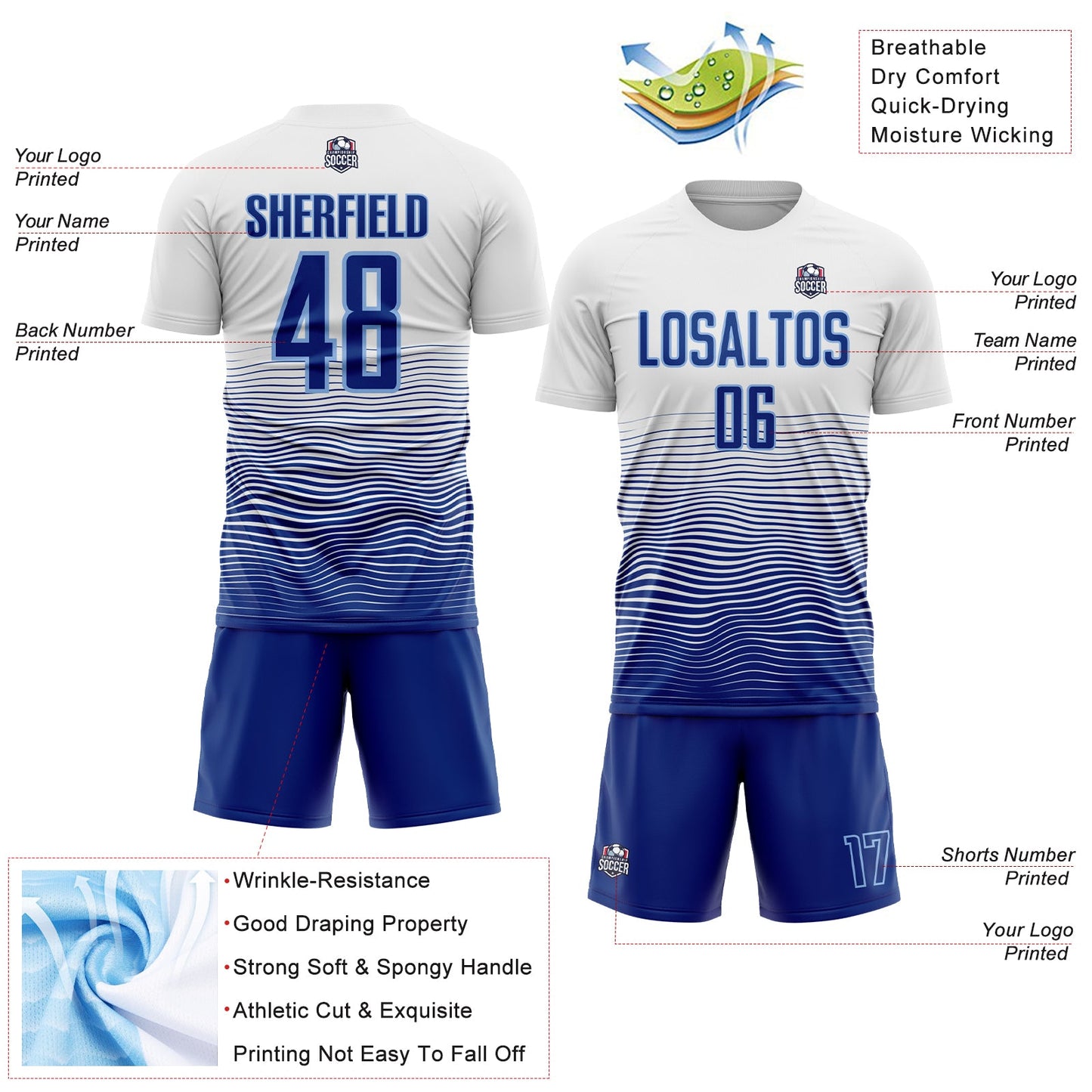 Custom White Royal-Light Blue Gradient Line Sublimation Soccer Uniform Jersey - Sky-Custom