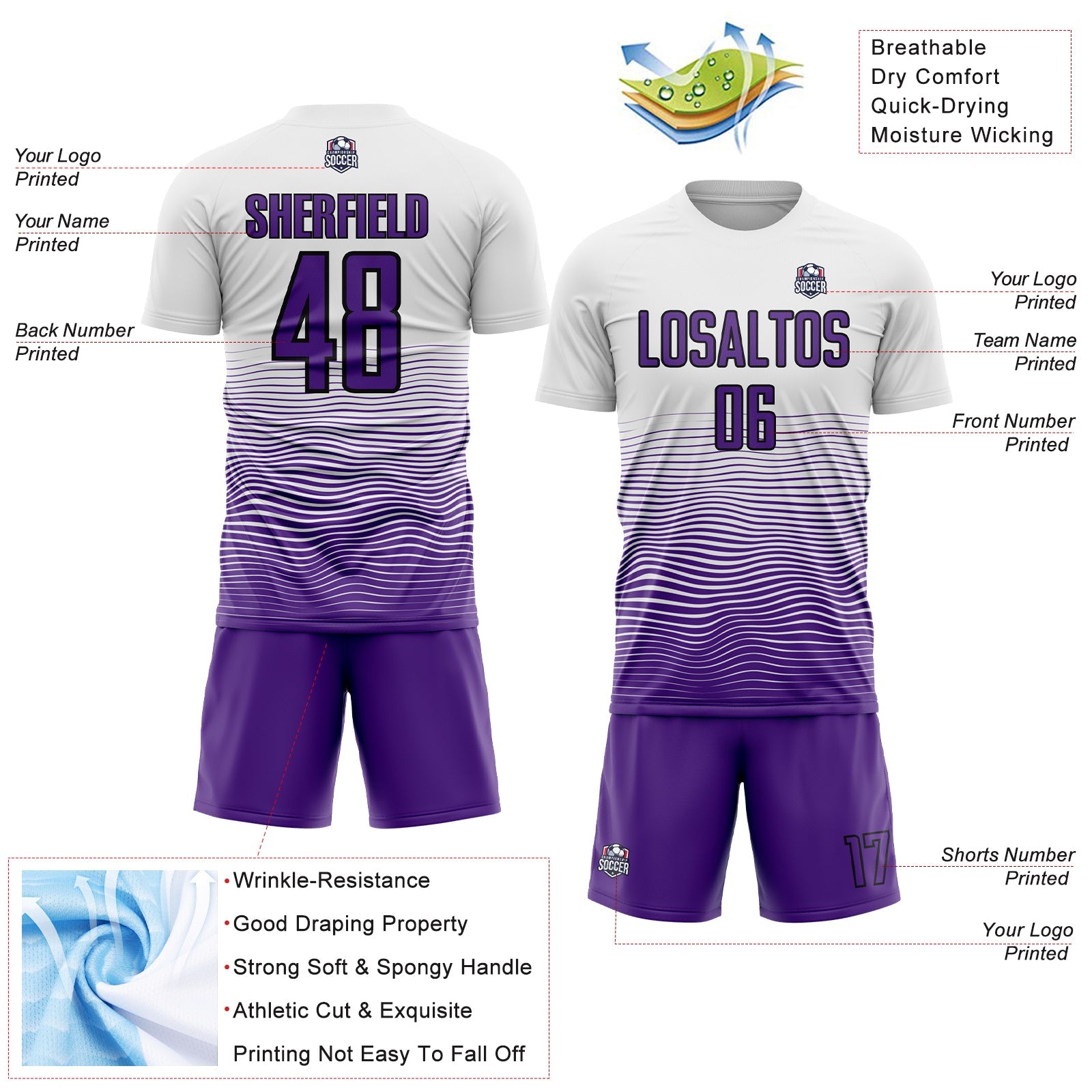 Custom White Purple-Black Gradient Line Sublimation Soccer Uniform Jersey - Sky-Custom