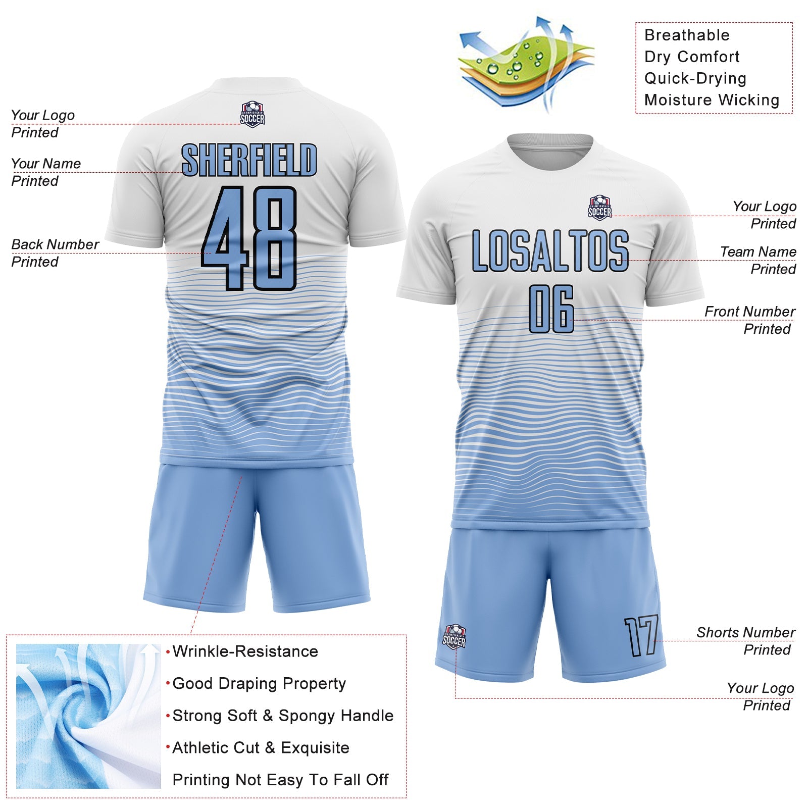 Custom White Light Blue-Black Gradient Line Sublimation Soccer Uniform Jersey - Sky-Custom