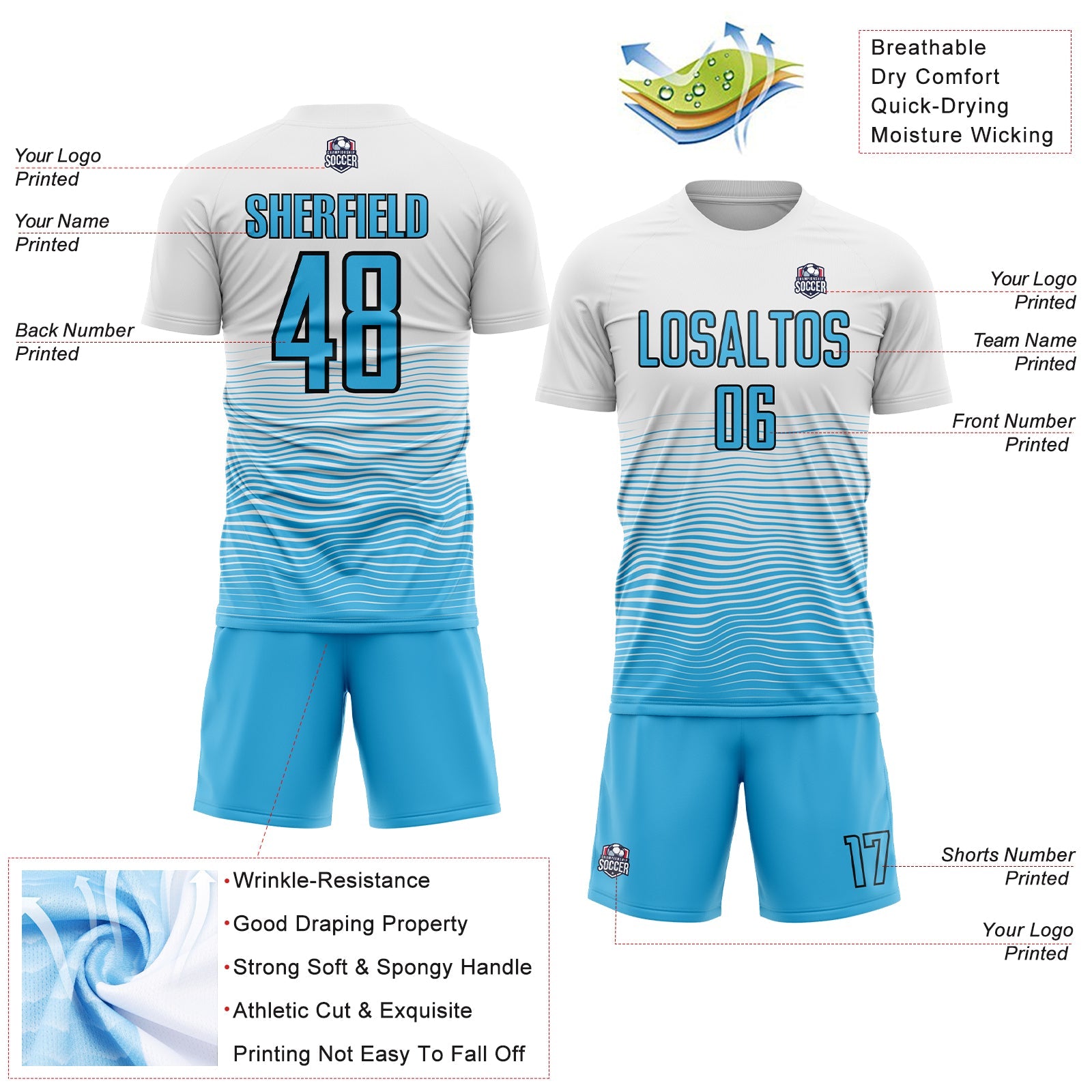 Custom White Sky Blue-Black Gradient Line Sublimation Soccer Uniform Jersey - Sky-Custom