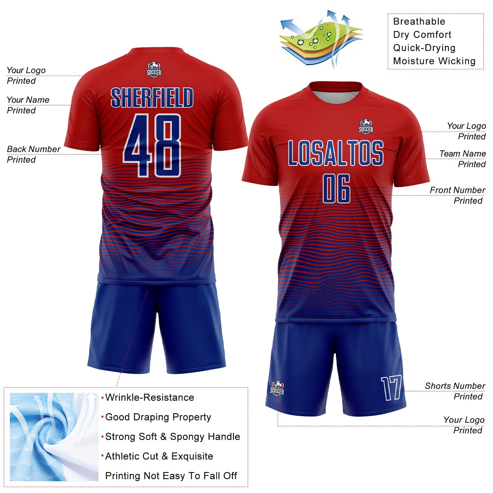 Custom Red Royal-White Gradient Line Sublimation Soccer Uniform Jersey - Sky-Custom