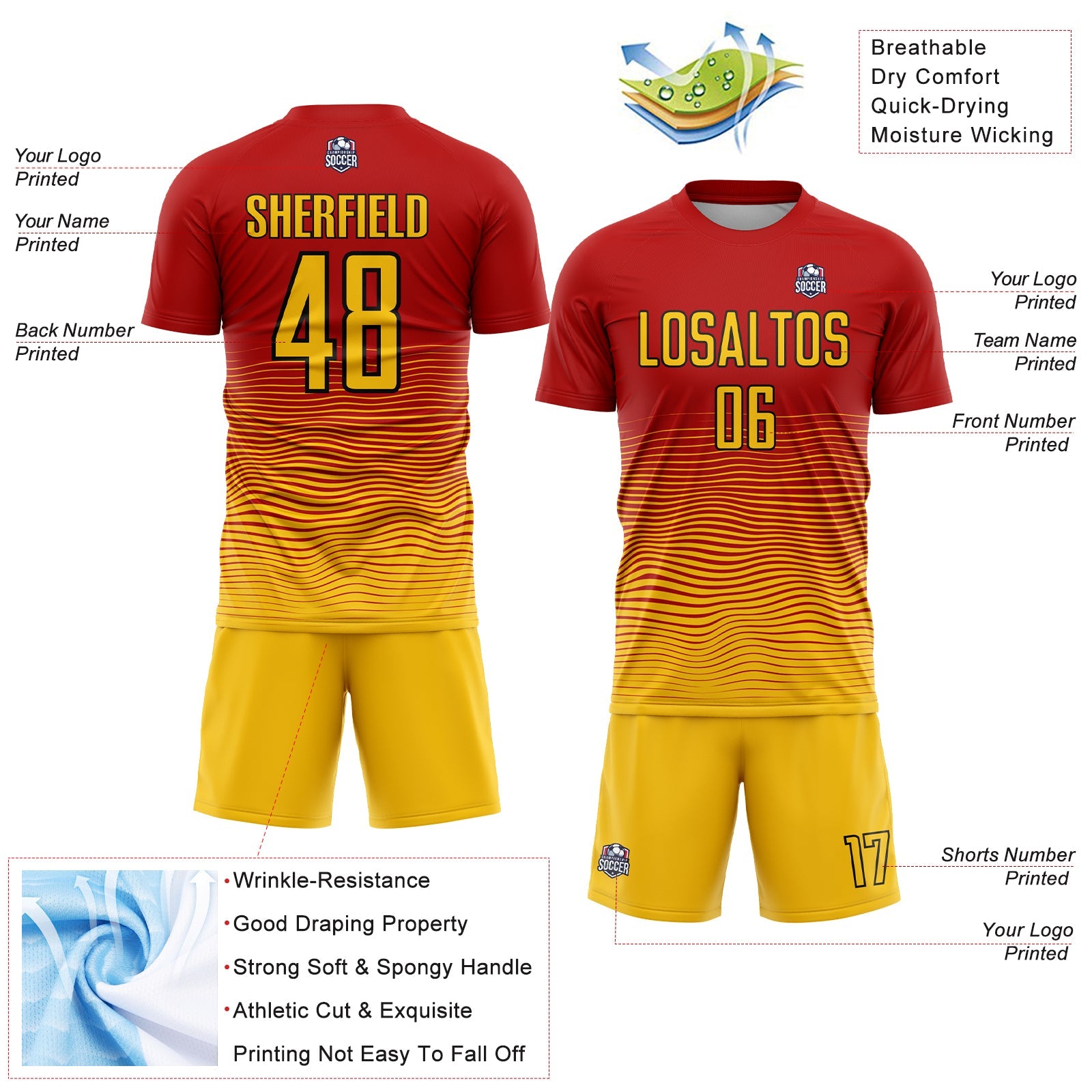 Custom Red Yellow-Black Gradient Line Sublimation Soccer Uniform Jersey - Sky-Custom
