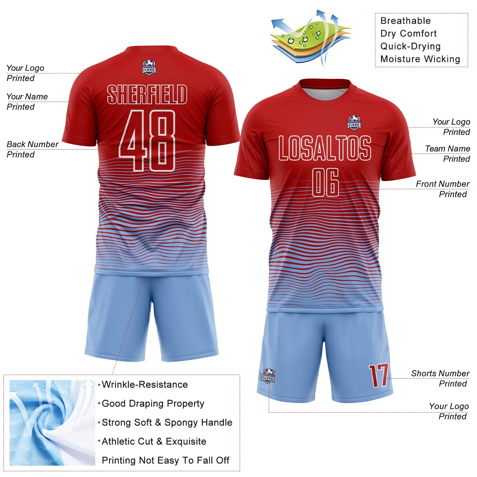 Custom Red Light Blue-White Gradient Line Sublimation Soccer Uniform Jersey - Sky-Custom