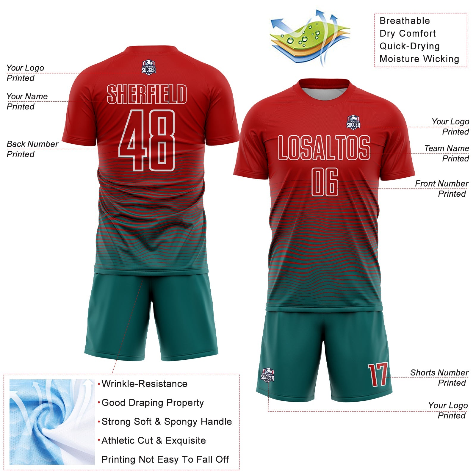 Custom Red Teal-White Gradient Line Sublimation Soccer Uniform Jersey - Sky-Custom