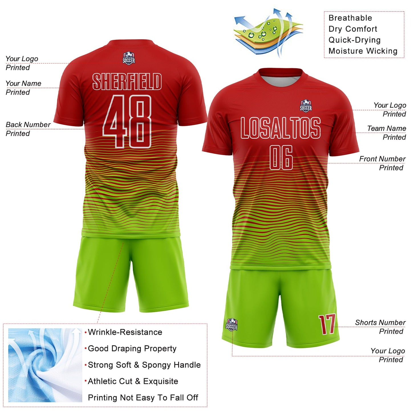 Custom Red Neon Green-White Gradient Line Sublimation Soccer Uniform Jersey - Sky-Custom