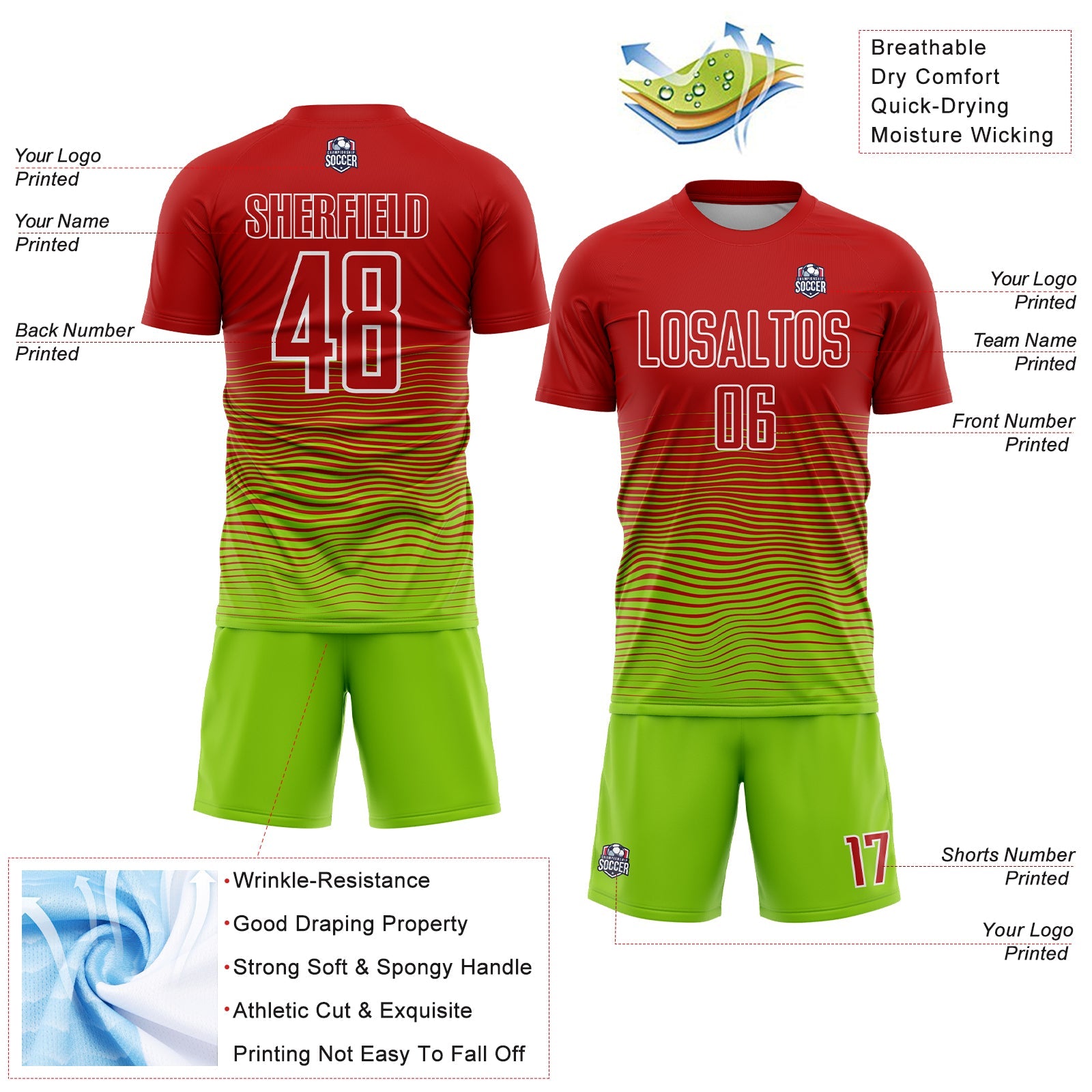 Custom Red Neon Green-White Gradient Line Sublimation Soccer Uniform Jersey - Sky-Custom