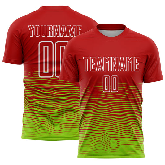 Custom Red Neon Green-White Gradient Line Sublimation Soccer Uniform Jersey - Sky-Custom