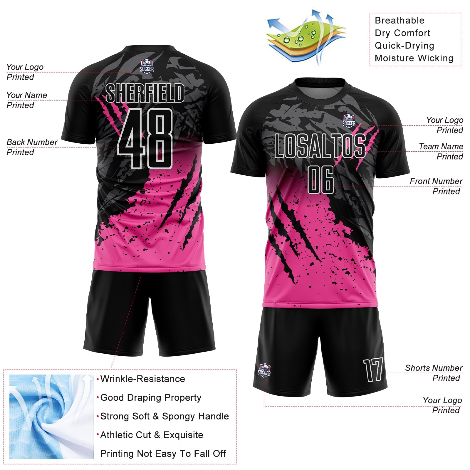Custom Black Pink-White Gradient Scratch Splash Sublimation Soccer Uniform Jersey - Sky-Custom