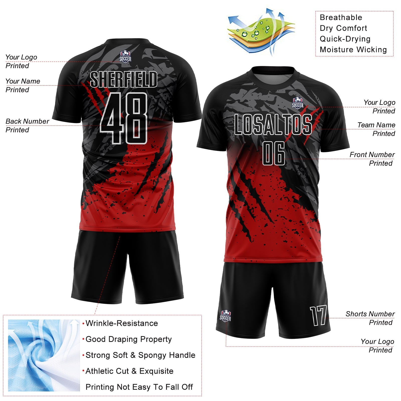 Custom Black Red-White Gradient Scratch Splash Sublimation Soccer Uniform Jersey - Sky-Custom