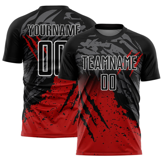 Custom Black Red-White Gradient Scratch Splash Sublimation Soccer Uniform Jersey - Sky-Custom