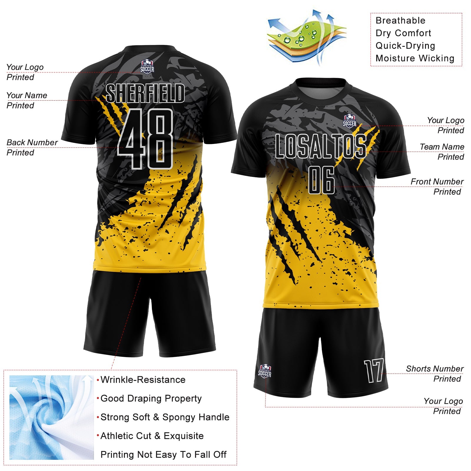 Custom Black Yellow-White Gradient Scratch Splash Sublimation Soccer Uniform Jersey - Sky-Custom