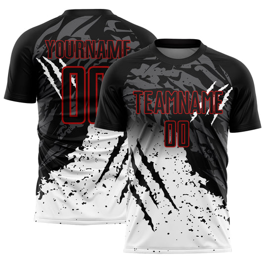 Custom Black White-Red Gradient Scratch Splash Sublimation Soccer Uniform Jersey - Sky-Custom