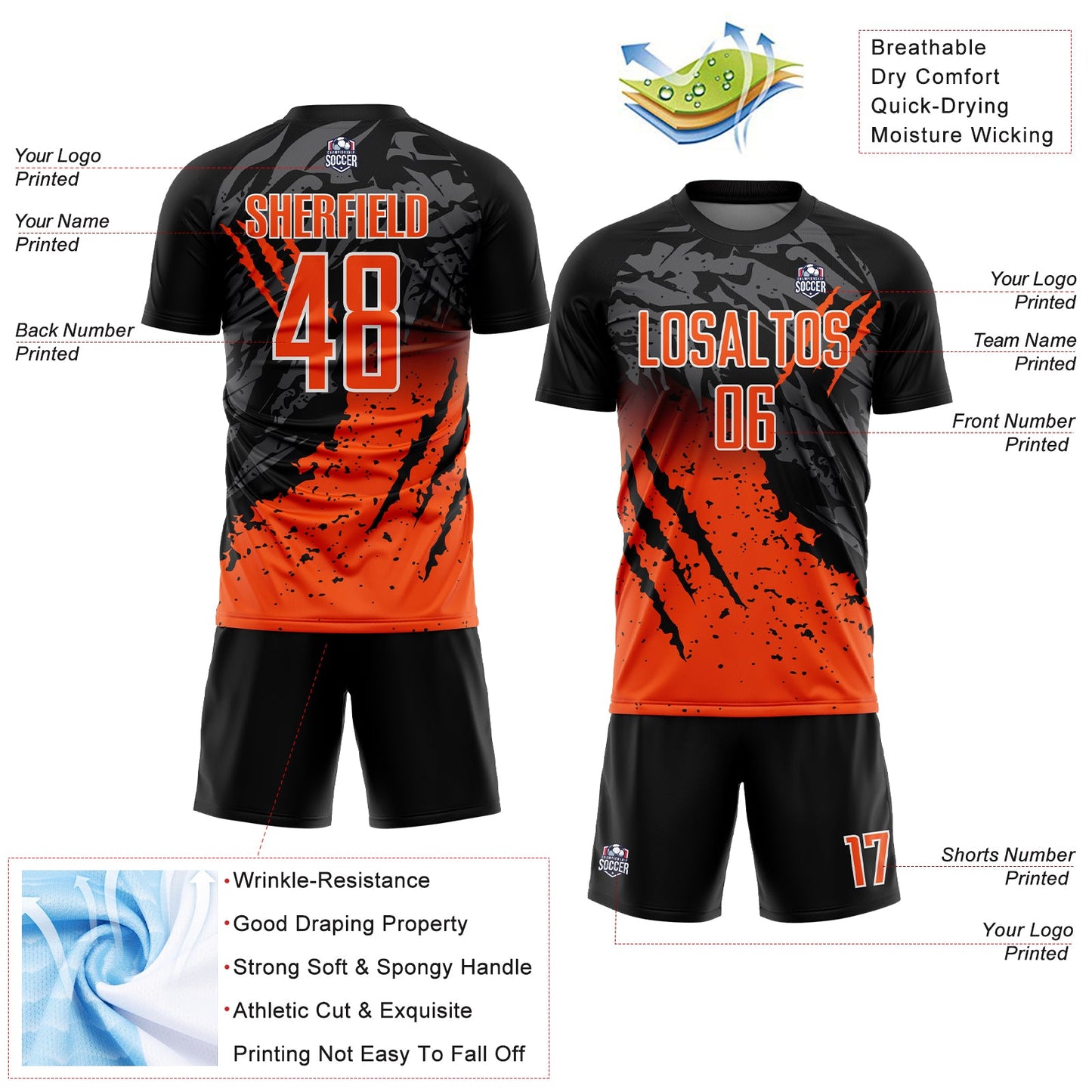 Custom Black Orange-White Gradient Scratch Splash Sublimation Soccer Uniform Jersey - Sky-Custom