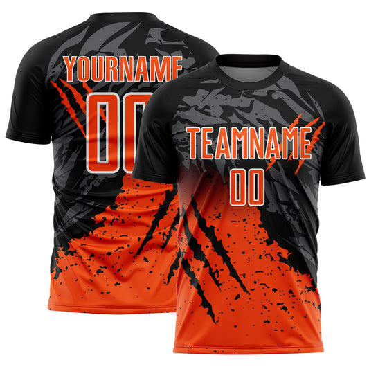 Custom Black Orange-White Gradient Scratch Splash Sublimation Soccer Uniform Jersey - Sky-Custom
