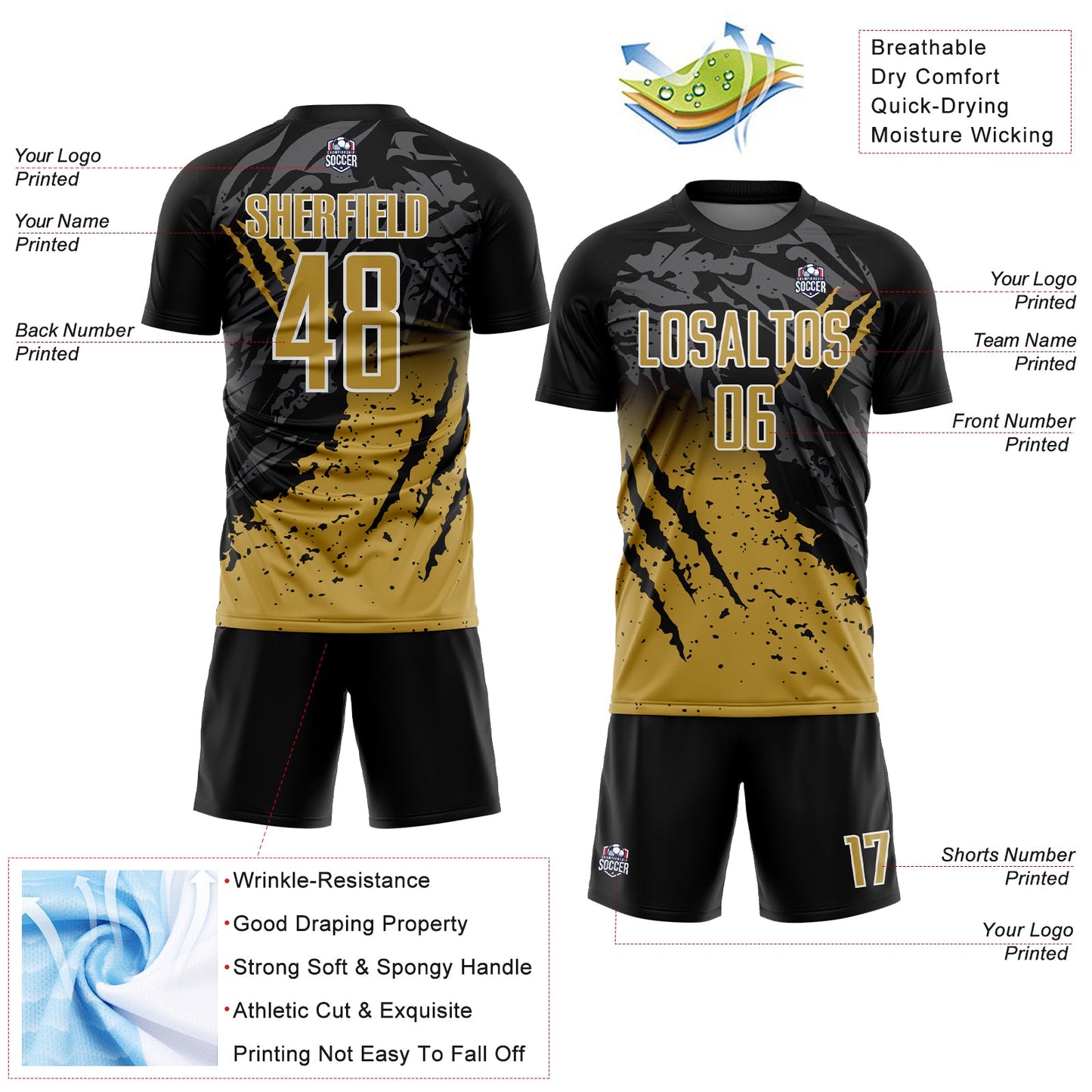 Custom Black Old Gold-White Gradient Scratch Splash Sublimation Soccer Uniform Jersey - Sky-Custom