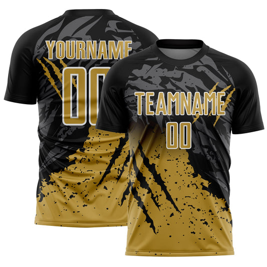 Custom Black Old Gold-White Gradient Scratch Splash Sublimation Soccer Uniform Jersey - Sky-Custom