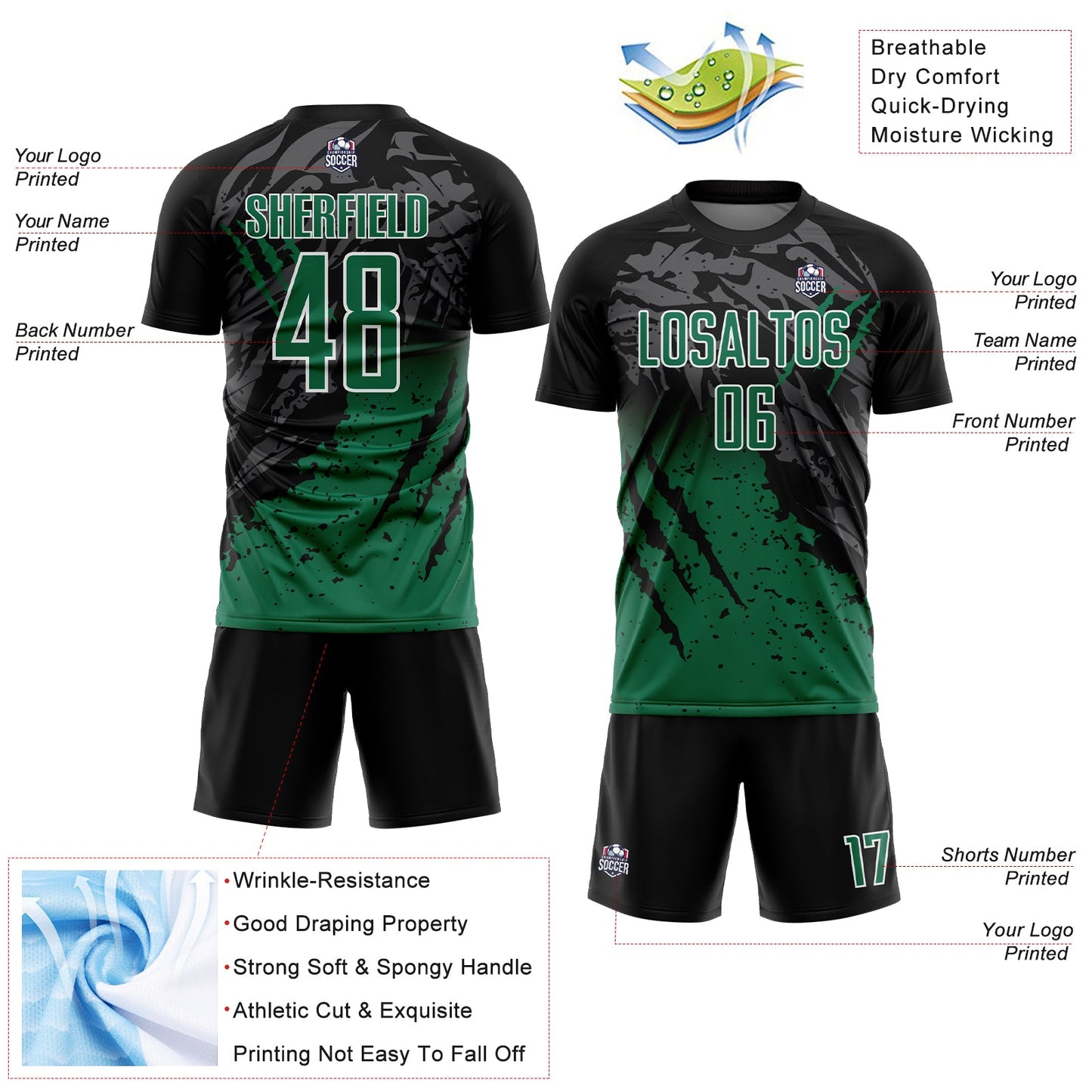 Custom Black Kelly Green-White Gradient Scratch Splash Sublimation Soccer Uniform Jersey - Sky-Custom