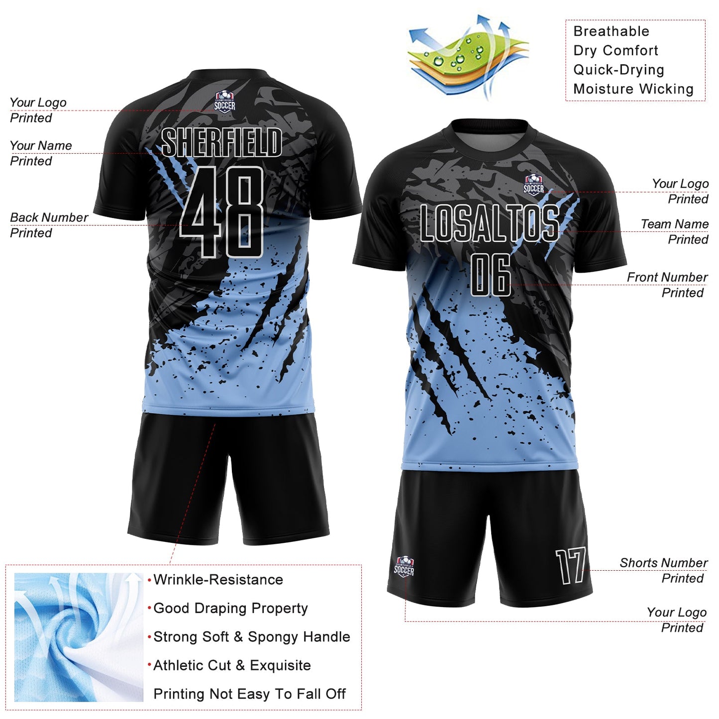 Custom Black Light Blue-White Gradient Scratch Splash Sublimation Soccer Uniform Jersey - Sky-Custom