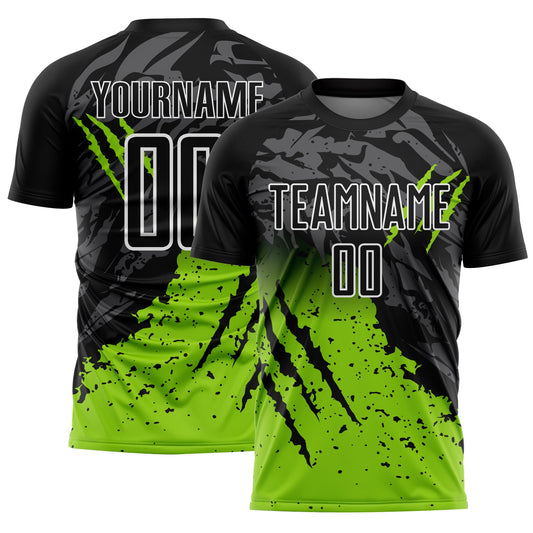 Custom Black Neon Green-White Gradient Scratch Splash Sublimation Soccer Uniform Jersey - Sky-Custom