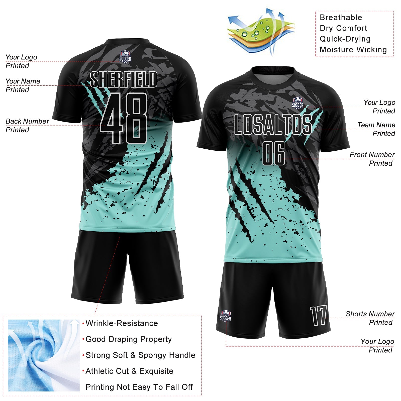 Custom Black Ice Blue-White Gradient Scratch Splash Sublimation Soccer Uniform Jersey - Sky-Custom