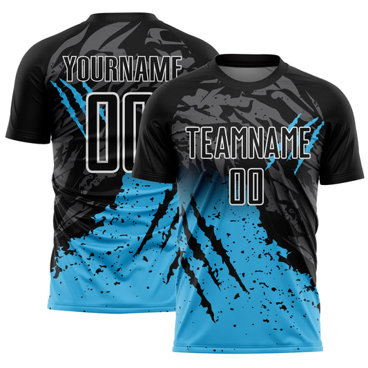 Custom Black Sky Blue-White Gradient Scratch Splash Sublimation Soccer Uniform Jersey - Sky-Custom