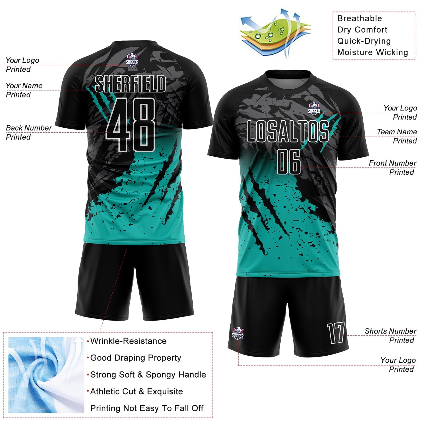 Custom Black Aqua-White Gradient Scratch Splash Sublimation Soccer Uniform Jersey - Sky-Custom