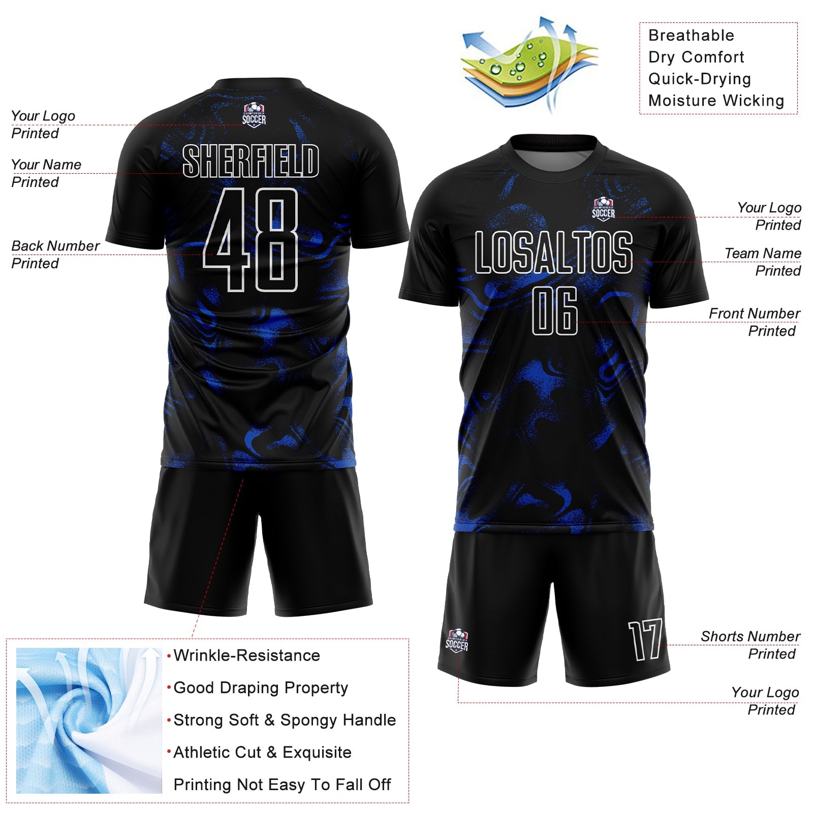Custom Black Thunder Blue-White Abstract Liquid Sublimation Soccer Uniform Jersey - Sky-Custom