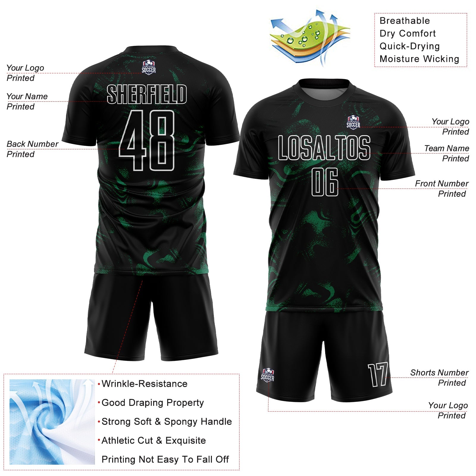 Custom Black Kelly Green-White Abstract Liquid Sublimation Soccer Uniform Jersey - Sky-Custom