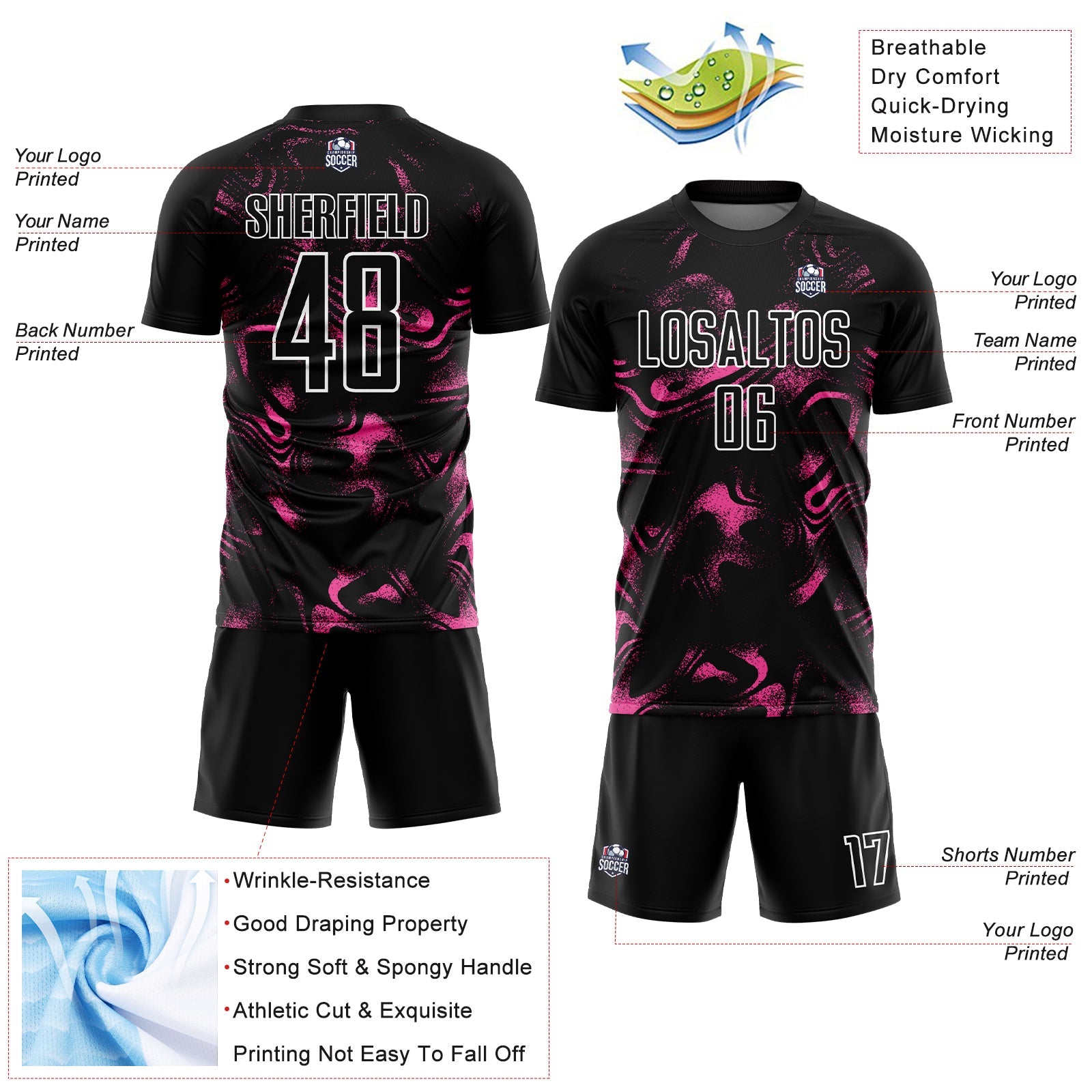 Custom Black Pink-White Abstract Liquid Sublimation Soccer Uniform Jersey - Sky-Custom