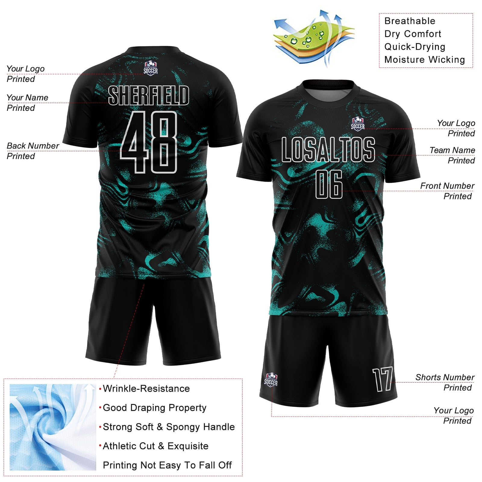 Custom Black Aqua-White Abstract Liquid Sublimation Soccer Uniform Jersey - Sky-Custom