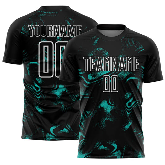 Custom Black Aqua-White Abstract Liquid Sublimation Soccer Uniform Jersey - Sky-Custom