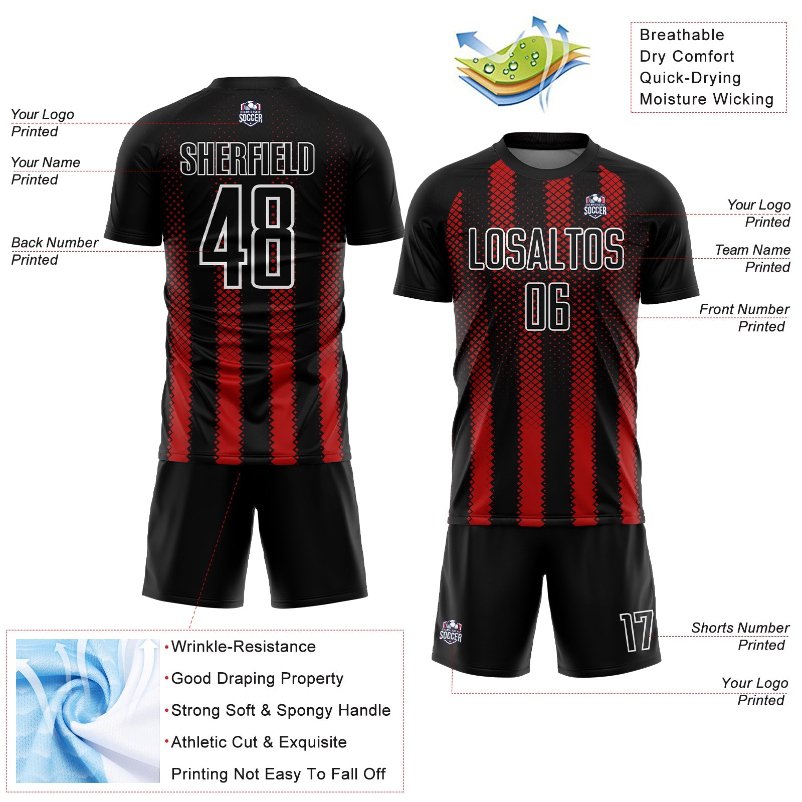 Custom Black Red-White Geometric Shape Sublimation Soccer Uniform Jersey - Sky-Custom