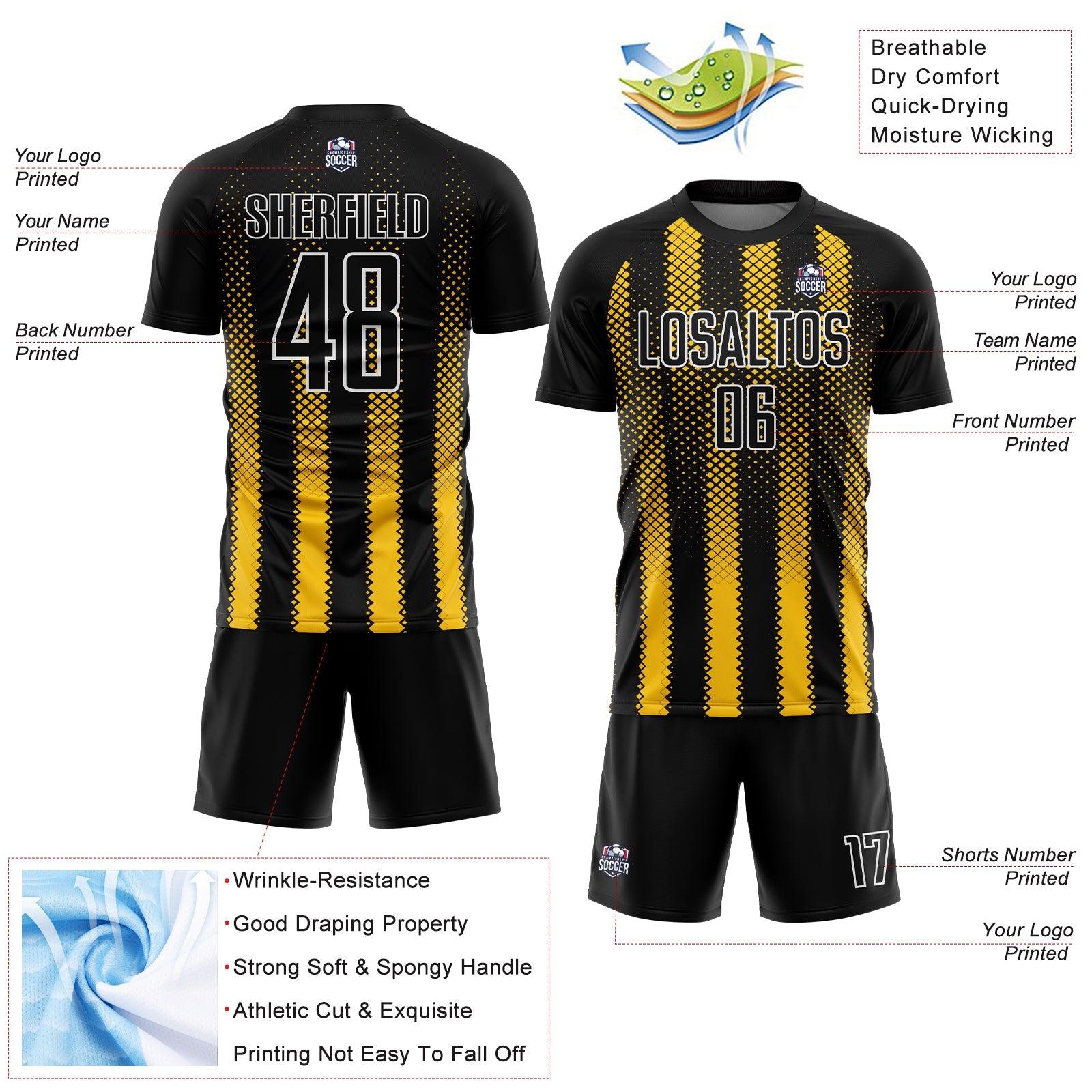 Custom Black Yellow-White Geometric Shape Sublimation Soccer Uniform Jersey - Sky-Custom