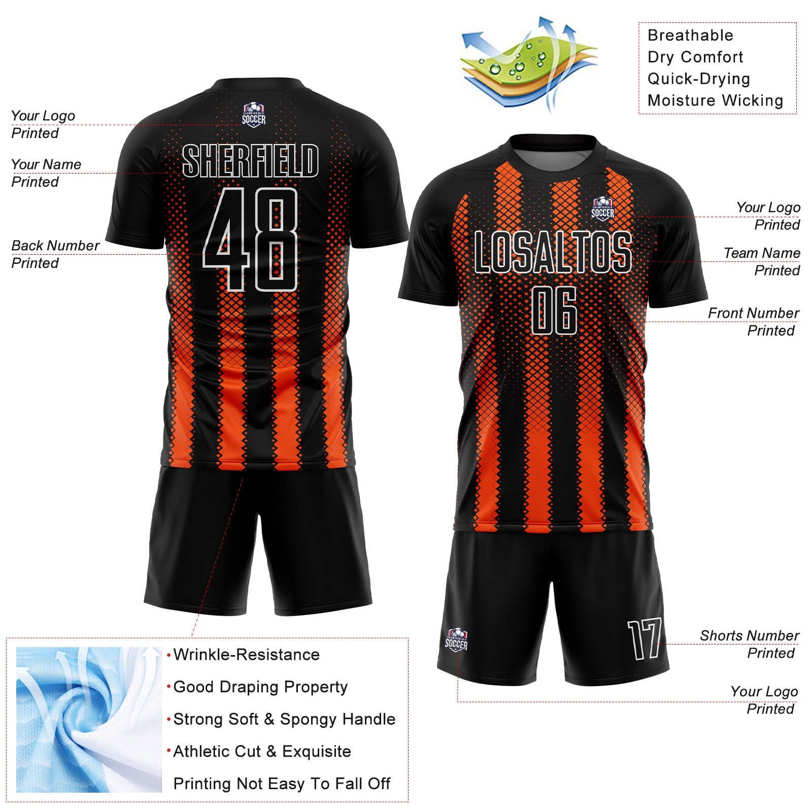 Custom Black Orange-White Geometric Shape Sublimation Soccer Uniform Jersey - Sky-Custom